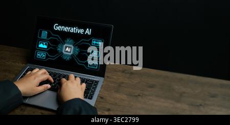 Hands uses laptop with generative AI interface with copy space. Artificial intelligence app, neural network, chip processor, content creation, automat Stock Photo
