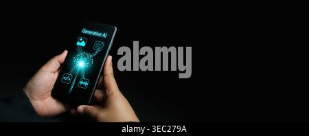 Hands holding smartphone with generative AI interface on dark copy space. Artificial intelligence app, neural network, content creation, automation, L Stock Photo