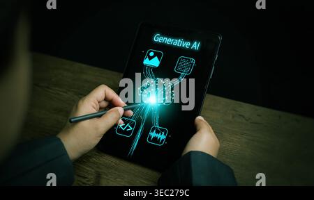 Hands using stylus on tablet with generative AI interface on a working desk. Artificial intelligence app, neural network, content creation, automation Stock Photo