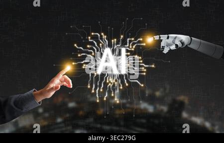 Human and robot hands touching AI circuit network with city in background. Artificial intelligence, generative AI, LLM, automation, innovation, digita Stock Photo