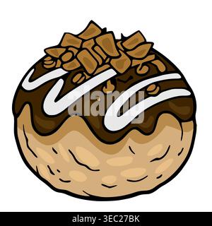 Delicious vector illustration of a Japanese takoyaki ball with chocolate drizzle and crunchy toppings Stock Vector