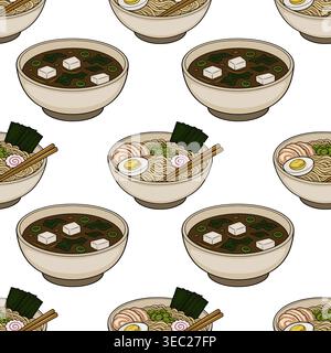 Seamless vector pattern of Japanese ramen and miso soup bowls with chopsticks, illustrated in a clean, flat style. Stock Vector