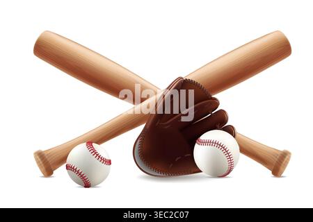 Baseball ball, bat glove realistic vector isolated. White softball, 3d wood stick, player base equipment clipart. Wooden vintage tool, american field Stock Vector