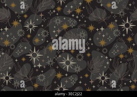 Trendy seamless pattern with linear stars and sparks in a minimalistic style. Boho mystical esoteric. Vector illustration. Dark background for design, Stock Vector