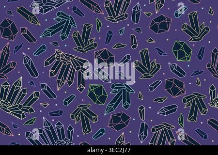 Vector seamless dark purple background with linear crystals, diamonds, gems, jewels. Golden holiday texture for greeting card, banner, poster, flyer, Stock Vector