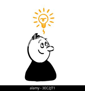 Comic character with idea expression shown by glowing light bulb above the head in a simple doodle style with bold black lines and orange accent. Idea Stock Vector