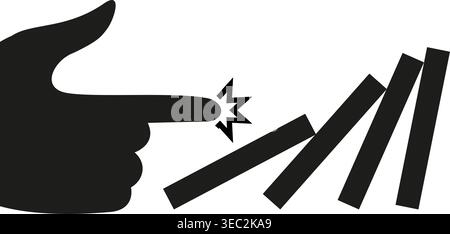 Black and white vector illustration of hand pointing toward row of rectangular blocks initiating domino effect. Minimalist graphic for chain reactions Stock Vector