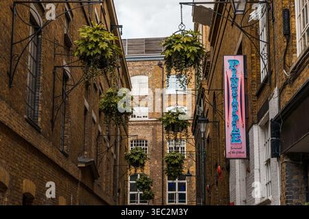 London, UK - August 27, 2023: A charming alleyway in Covent Garden, London, featuring hanging plants and the Pineapple Dance Studios sign. Stock Photo
