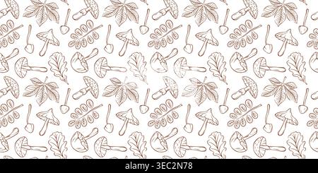 Botanical seamless pattern with mushroom and leaf in line art style. Autumn doodle. Forest nature elements. Vintage illustration for fabric, paper Stock Vector