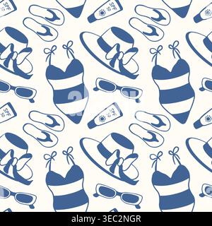 Seamless summer beach pattern with swimsuit, flip flop, sun hat, sunglasses and sunscreen. Travel pattern illustration for fabric, paper in flat style Stock Vector