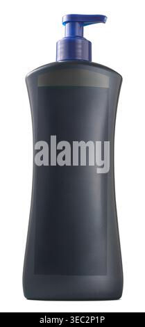 dark blue plastic lotion bottle isolated white background, sleek curved design with matte finish and blue pump dispenser, mock-up template with blank Stock Photo
