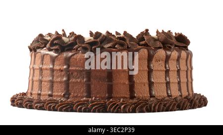 round chocolate layer cake with brown frosting and drips isolated white background, chocolate piping on base and top, mock-up template side view Stock Photo
