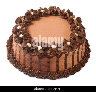 round chocolate layer cake with brown frosting and drips isolated white background, decorated with rosettes, top angle view with copy space Stock Photo