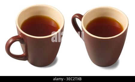 dark brown ceramic mugs filled with coffee or tea isolated white background, blank mock-up template taken in different angles with shadow Stock Photo