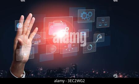 Digital business infrastructure with data system, analytics, sync. System management improves access, system management ensures performance, and Stock Photo