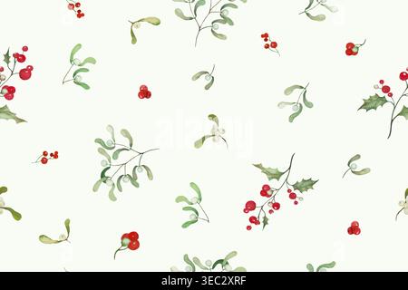 Watercolor Christmas seamless pattern with mistletoe, red berries, holly on pastel. Winter botanical repeat background for wrapping paper. Vector EPS. Stock Vector