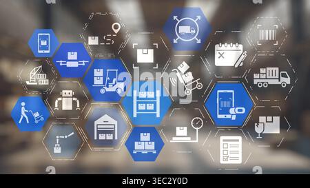 Concept of smart shelves revolutionizes logistics management. This system ensures efficient inventory control, enhancing smart shelves operations and Stock Photo