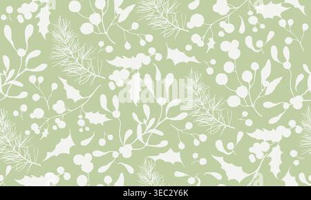 Watercolor silhouette Christmas seamless pattern with holly, mistletoe,  pine branches. Winter botanical print on olive green background. Vector EPS. Stock Vector