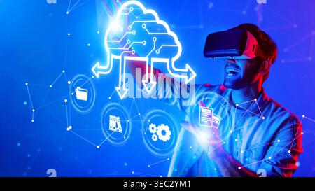 A man experiences virtual reality wearing a headset, engaging with digital cloud technology and data icons in a vibrant blue neon environment. Raster Stock Photo
