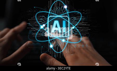 Hands Engaging with Artificial Intelligence Symbol in Digital Environment, Concept of Technology and Future Innovation with Neon Glow Effect Sigmoid Stock Photo
