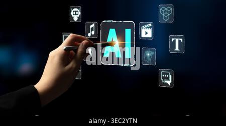 AI Technology Concept with Hand Using Stylus to Interact with Futuristic Icons Symbolizing Artificial Intelligence and Digital Innovation on Dark Stock Photo