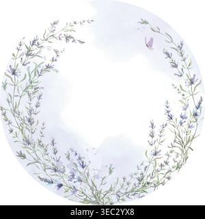 Watercolor lavender wreath floral frame with purple flowers. Elegant botanical border on soft blue background for wedding, stationery. Vector EPS. Stock Vector