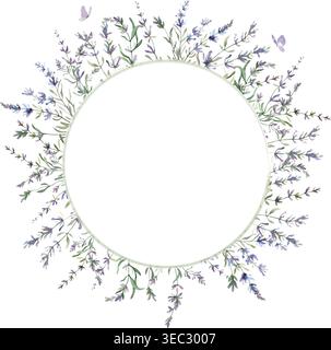 Watercolor lavender frame floral frame with purple flowers. Elegant botanical border on white background for wedding, stationery. Vector EPS. Stock Vector