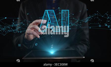 A businessman engages with a dynamic AI concept on a digital tablet, surrounded by abstract data connections, highlighting innovation and futuristic Stock Photo