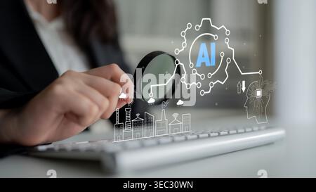 Business professional using magnifying glass to explore artificial intelligence concepts with digital elements and modern office environment Quark. Stock Photo
