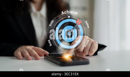 A business professional interacts with a smartphone displaying target symbols that represent achievement, growth, and effective strategies for Stock Photo