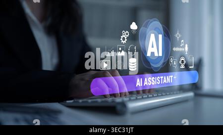 Business Professional Using AI Assistant Technology with Graphical Interface and Digital Icons Representing Innovation and Modern Solutions Fluxor. Stock Photo
