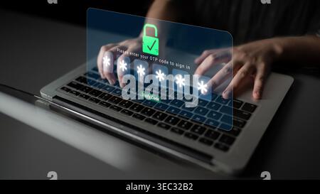 User entering one-time password code on laptop screen with glowing graphics showing sign-in request and security lock symbol for online access Stock Photo
