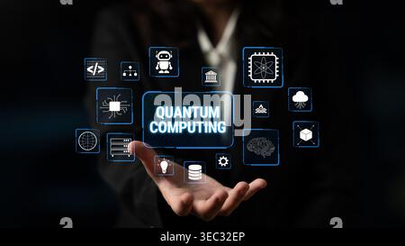 Hands Holding Symbols of Quantum Computing Technologies, Representing Innovation, Future, and Digital Transformation in Modern Computing World Fluxor. Stock Photo
