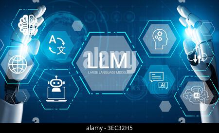 Futuristic Concept of Large Language Model with Digital Interfaces Showing AI, Brain, Translation, and Robot in a Technological Environment Gluon. Stock Photo