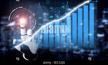 A futuristic robotic hand interacts with a digital screen displaying financial data and growth trends, symbolizing technology role in business Stock Photo