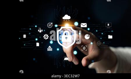 Futuristic Digital Security Concept Featuring Hand Interacting with Lock Icon and Technology Symbols in Dark Background for Cybersecurity Themes Quark Stock Photo