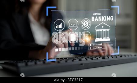Virtual Banking Interface with Secure Login Elements, Financial Icons, and User Interaction in Modern Office Environment Quark. Stock Photo