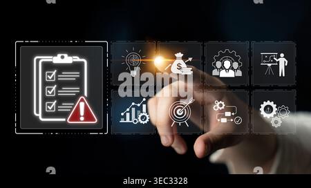 Hand Selecting Business Icons on a Digital Interface for Management and Strategy Planning in Modern Workplace Sigmoid Stock Photo