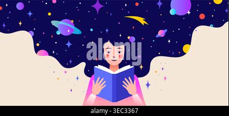 Book, Imagination, Dreams. Girl reading Stock Vector