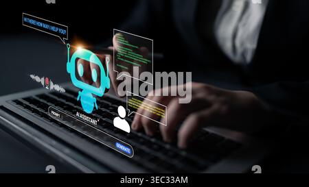 Engaging Virtual Assistant Interacting with User on Laptop in Modern Workspace with Digital Interface and Chat Elements Quark. Stock Photo