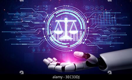 Futuristic Robot Hand Displaying Digital Scales of Justice in High-Tech Environment with Circuit Patterns and Data Visualizations Sigmoid Stock Photo