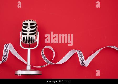 World music day. Vintage microphone with music notes ribbon on red background Stock Photo