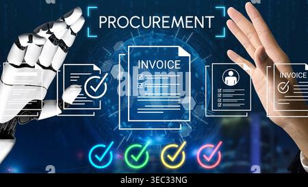 Futuristic Robot Hand Interacting with Procurement Documents and Invoices in Digital Environment Gluon. Stock Photo