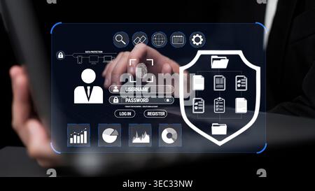 Digital Security Interface Displaying User Authentication and Data Protection Features with Fingerprint Scanner and Shield Icon on a Modern Device Stock Photo
