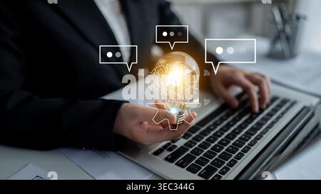 Business Professional Engaging with Artificial Intelligence Concept through Chat Interfaces and Innovative Technology Quark. Stock Photo