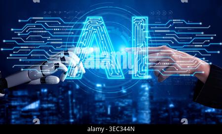 Futuristic Concept of Artificial Intelligence with Human and Robot Hands Touching to Connect and Showcase Innovation in Technology and Digital Stock Photo