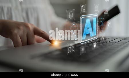 Close-Up of Person Using Laptop with Artificial Intelligence Technology Concept Icons on Screen for Digital Innovation and Modern Technology Solutions Stock Photo