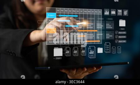 Digital visualization of multiple project timelines with progress tracking, documents, and team collaboration symbols Parse Stock Photo