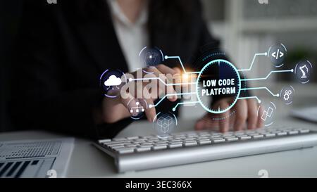 Business Professional Engaging with Low Code Platform Technology for Software Development Innovation and Digital Transformation Solutions Quark. Stock Photo