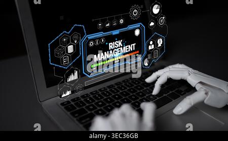 Futuristic Laptop Displaying Risk Management Concept with Robotic Hand Typing and Creative Digital Graphics on Screen Quark. Stock Photo
